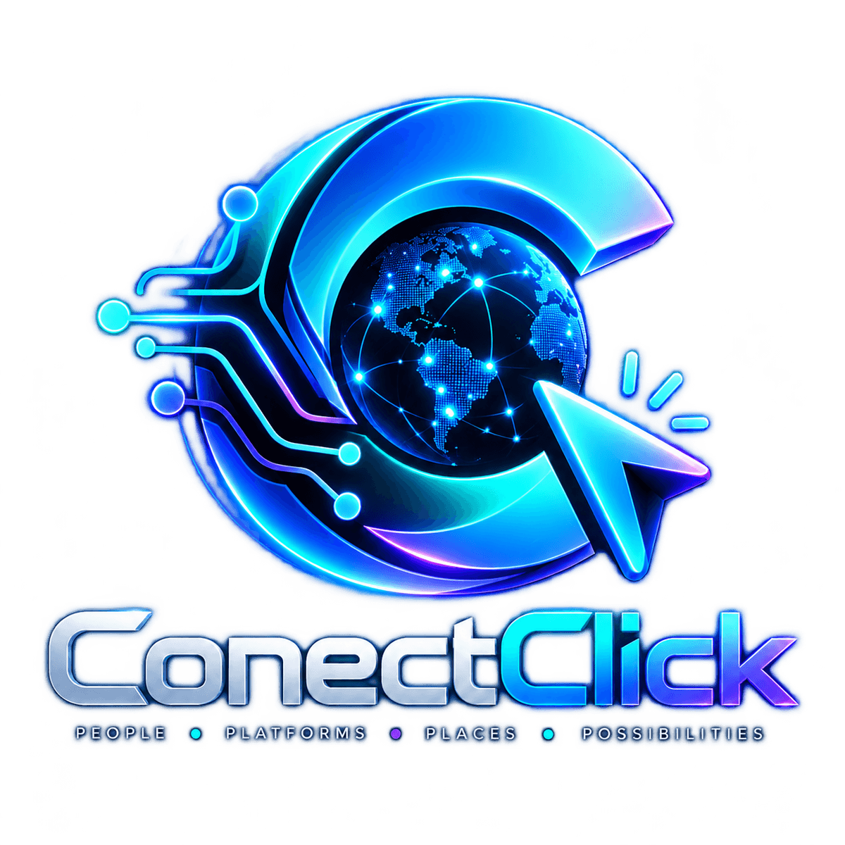 ConectClick: globo digital com conexões e cursor em azul neon